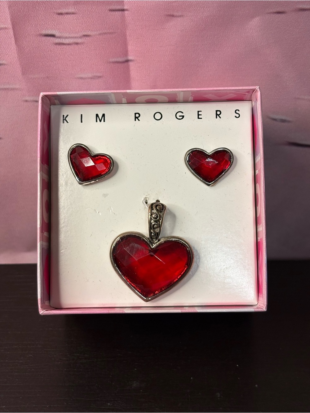 Kim Rogers Red Heart Pendant and Earrings Set. Antiqued Silver tone. New.